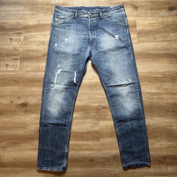 Diesel Jeans Men 36x34 Blue Jodar Slim Tapered Leg Cinch Back Distressed 008B9 - Picture 2 of 16